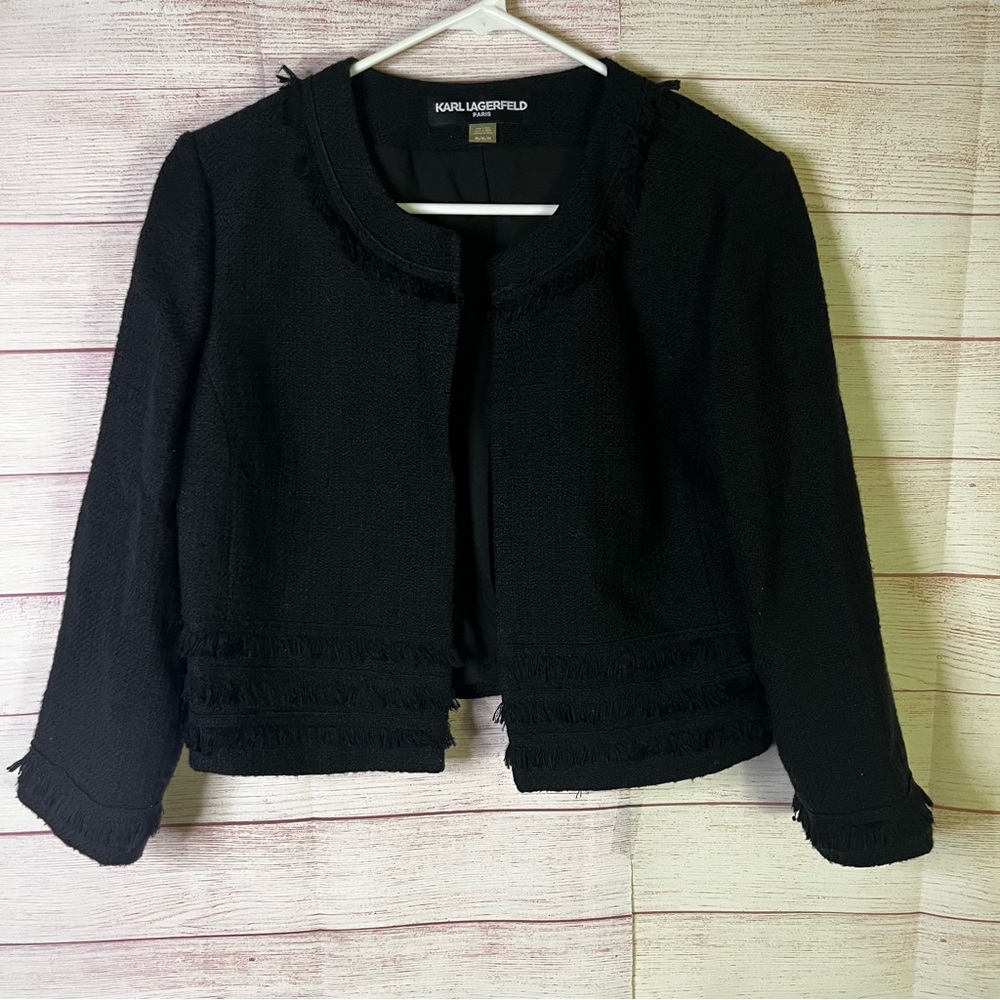 Karl Lagerfeld Paris Black Open Front Cropped Fringe Blazer Size Medium‎